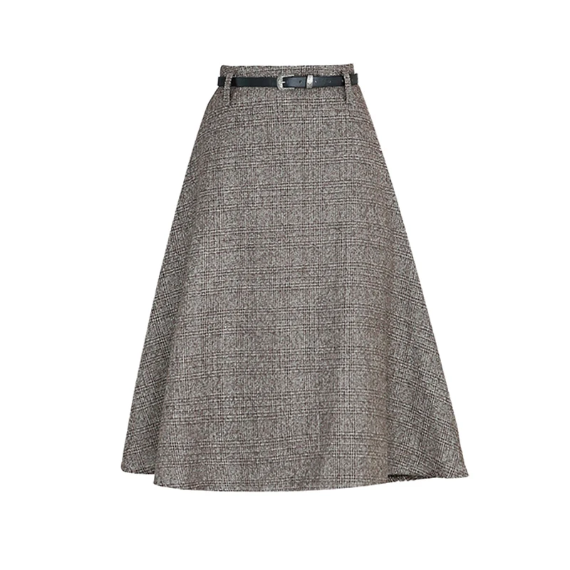 2017 Autumn Winter High Waist Wool Plaid Skirt Women Korean Knee Length
