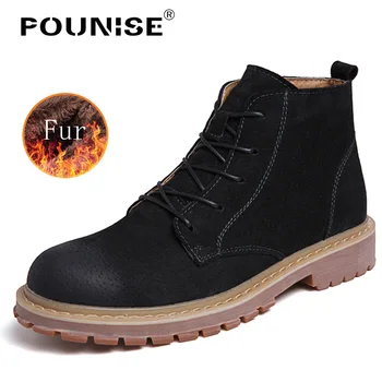 

2018 brand winter men boots with fur Genuine Leather shoes Mans footwear high top ankle boots men lace up basic boots men rubber