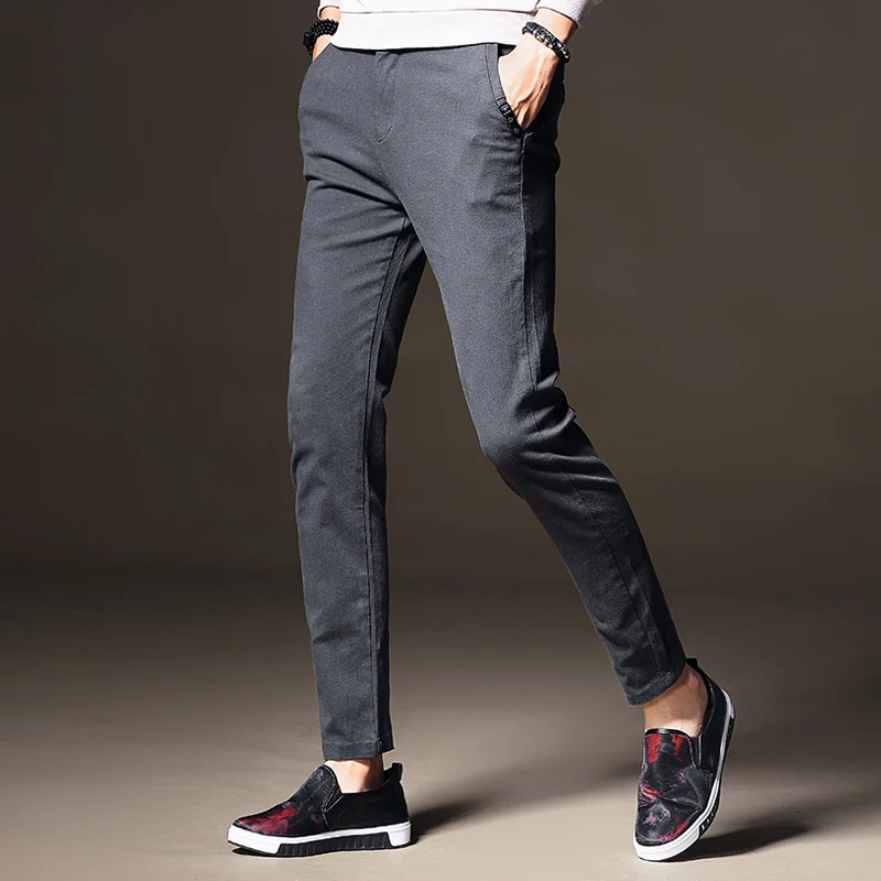 Новое поступление Одежда высшего качества, Брендовые мужские, повседневные, деловые брюки обтягивающие брюки прямые брюки Черный, серый цвет модные тонкие униформа