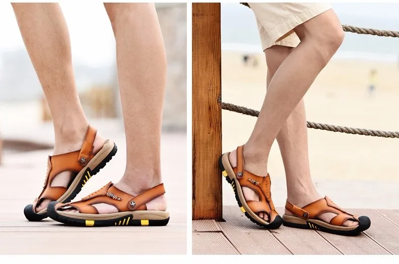 ODMORP/Новая Летняя обувь; мужские кожаные сандалии; коричневые повседневные пляжные сандалии; шлепанцы; модные дизайнерские сандалии мужские на плоской подошве