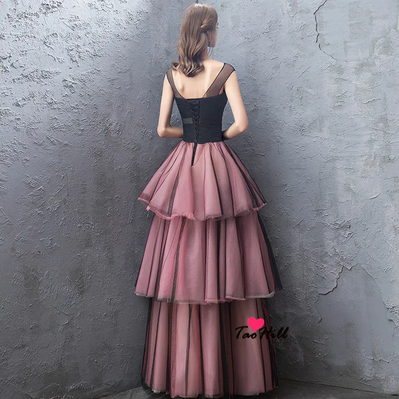 TaoHill Vestidos De Festa Vestido Longo Para Casamento ТРАПЕЦИЕВИДНОЕ ПЛАТЬЕ с круглым вырезом и многослойными складками, Черное и розовое вечернее платье для выпускного вечера для женщин
