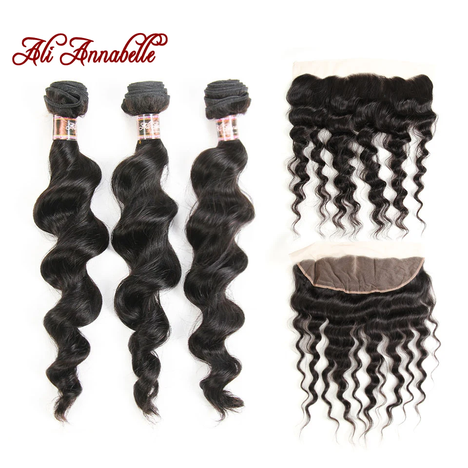 

ALI ANNABELLE HAIR Brazilian Loose Wave With Lace Frontal 3 Bundles Brazilian Human Hair with Closure 100% Remy Hair
