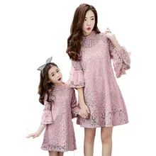 Lace mother daughter dresses horn sleeve matching mother daughter dress clothes fashion family look outfits