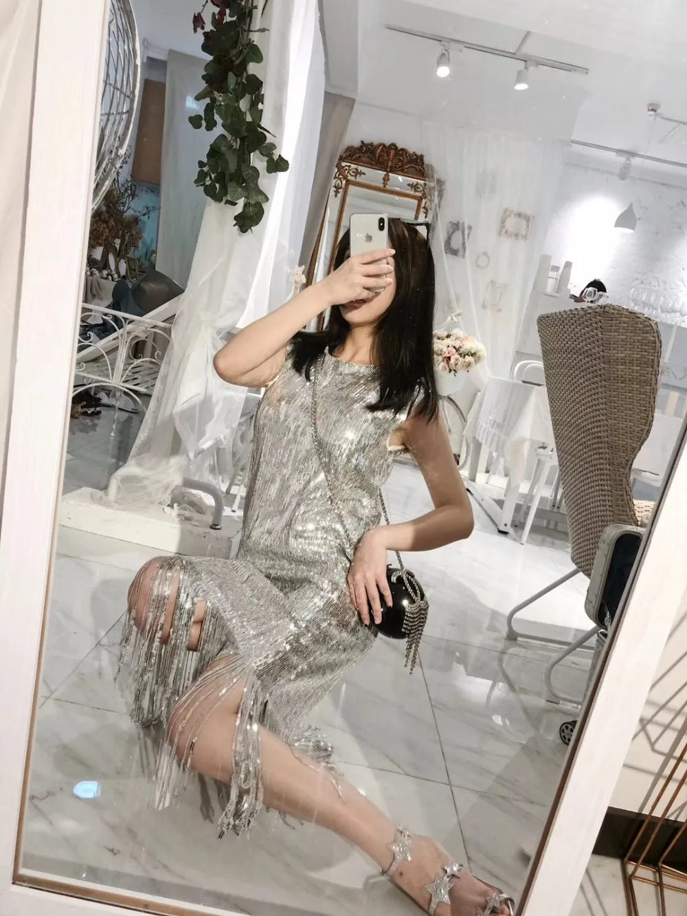 Cakucool, тяжелый сарафан с блестками и кисточками, корейский дизайн, круглый вырез, прямое длинное блестящее Серебряное платье, сексуальное вечернее платье