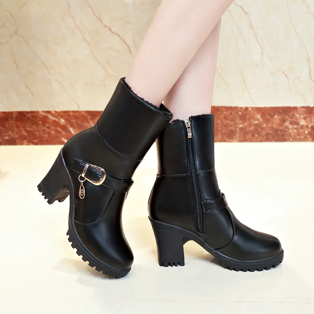 

YOUYEDIAN Winter Boots women 2018 Leather High Heel Boots Black Ladies Shoes Size 40 Fold Booties Keep Warm Bota Feminina