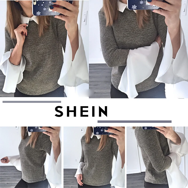 SHEIN Блуза С Контрастным Вставками И Оригинальным Рукавом Женская Осенняя Элегантная Блузка С Длинными Рукавами И Оборками