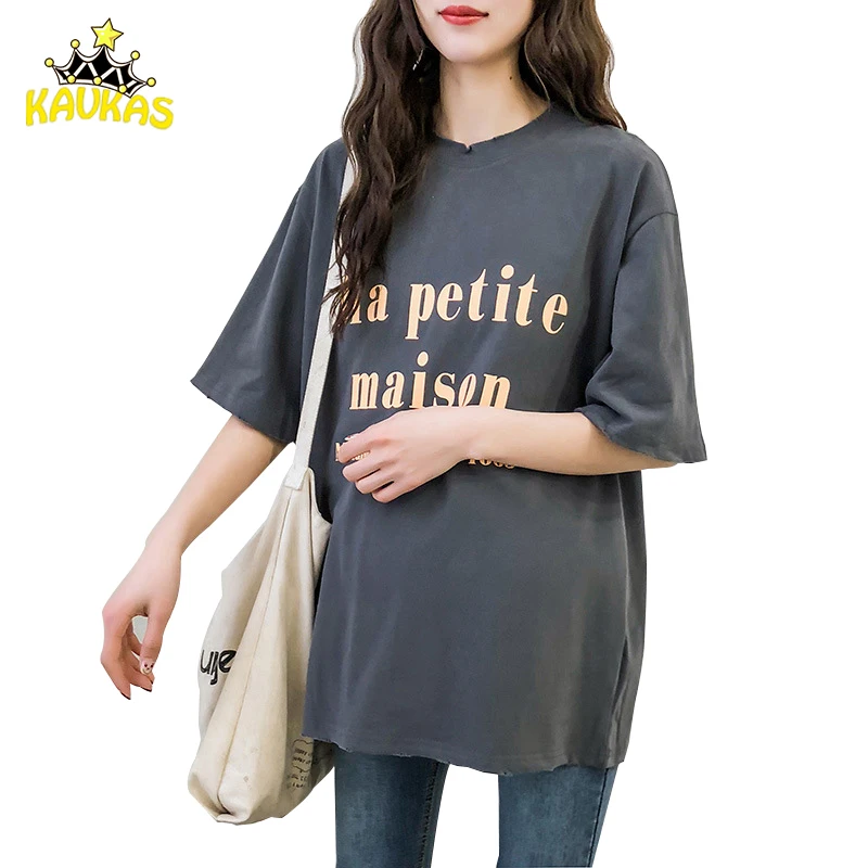 

KAVKAS Summer Maternity Tops Fashion Loose Bottoming Half Sleeves Tees Pregnancy Over Size Long T-Shirt Maternity Women Clothes