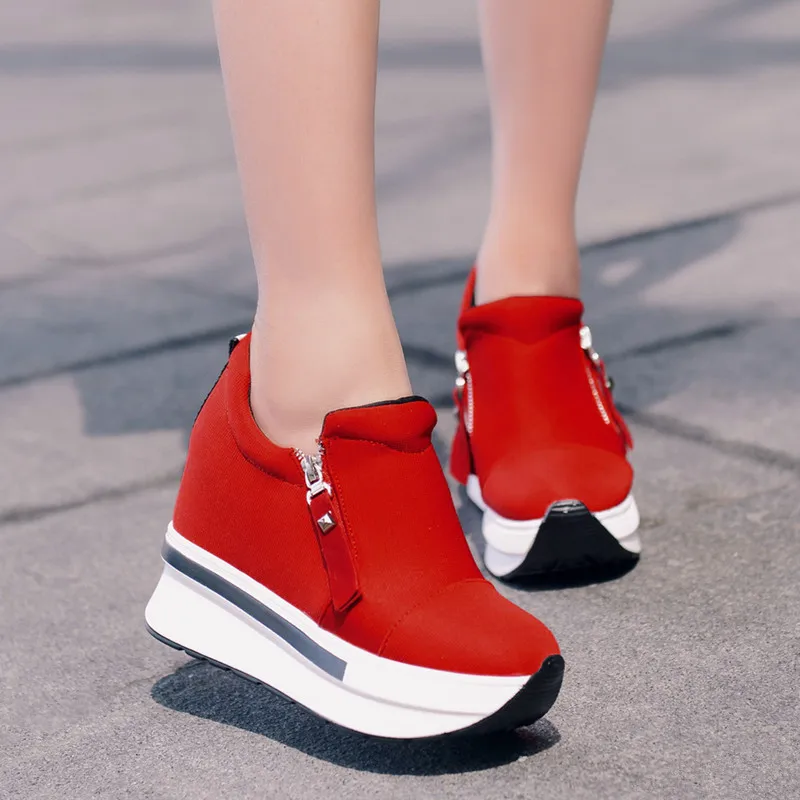 Г., новые женские туфли на танкетке повседневные красные дышащие парусиновые туфли на высоком каблуке 7,5 см, на молнии, увеличивающие рост женские кроссовки