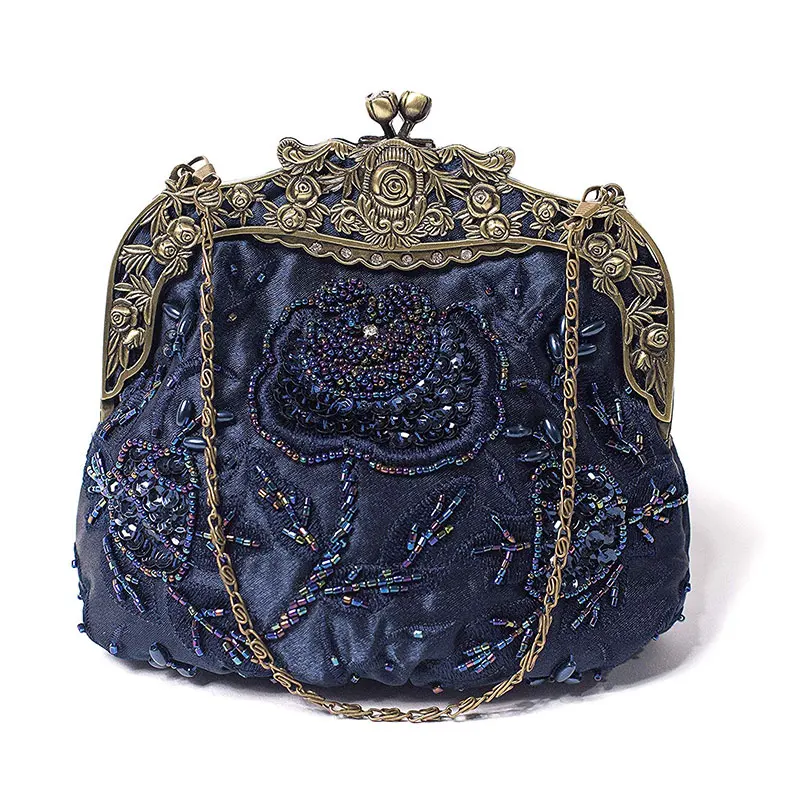 Women's Antique Beaded Party Clutch Vintage Rose Purse Evening Handbag (12)