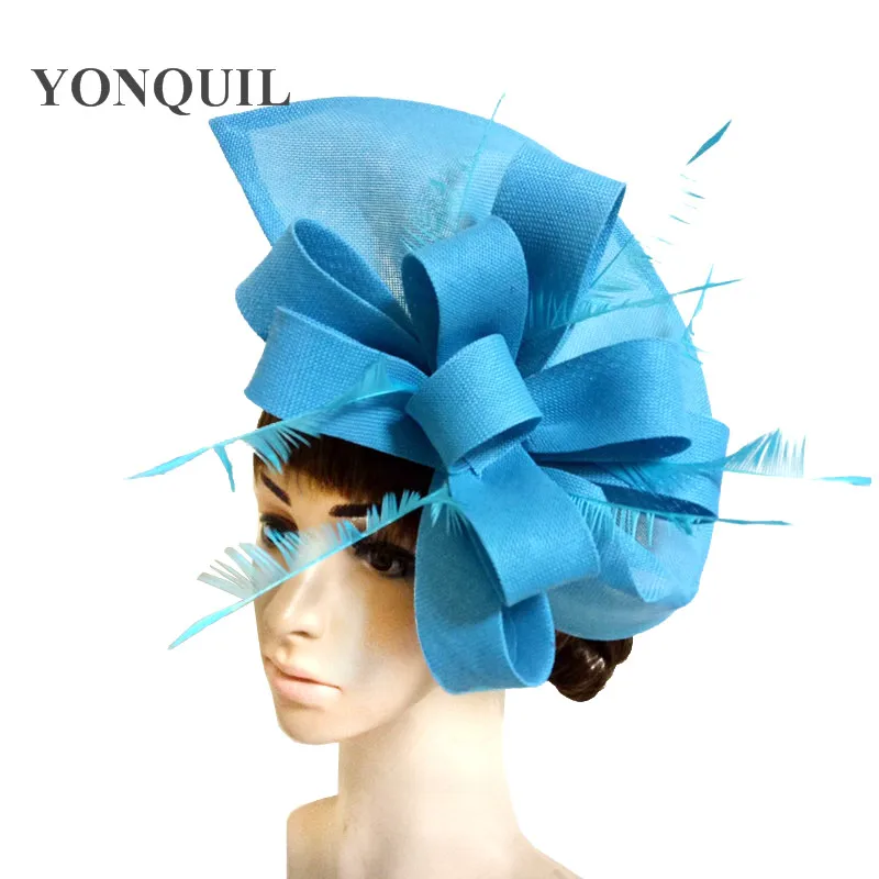 Перо Fascinators Жокейские шапочки для Для женщин Элегантный светло-голубой цвет имитация чародей шляпа девушек вечернее свадебное платье Шапки SYF66 - Цвет: sea blue