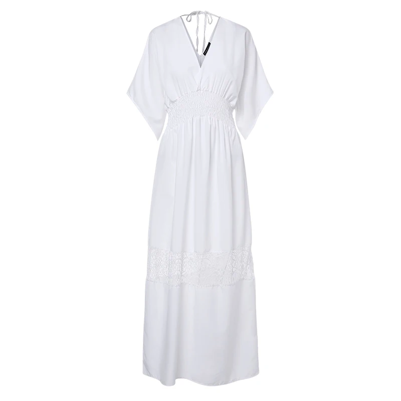 Женское богемное платье, сексуальное, v-образный вырез, эластичная талия, кружево, пэтчворк, макси, длинное, Vestidos, летнее, повседневное, вечернее платье размера плюс - Цвет: Off White