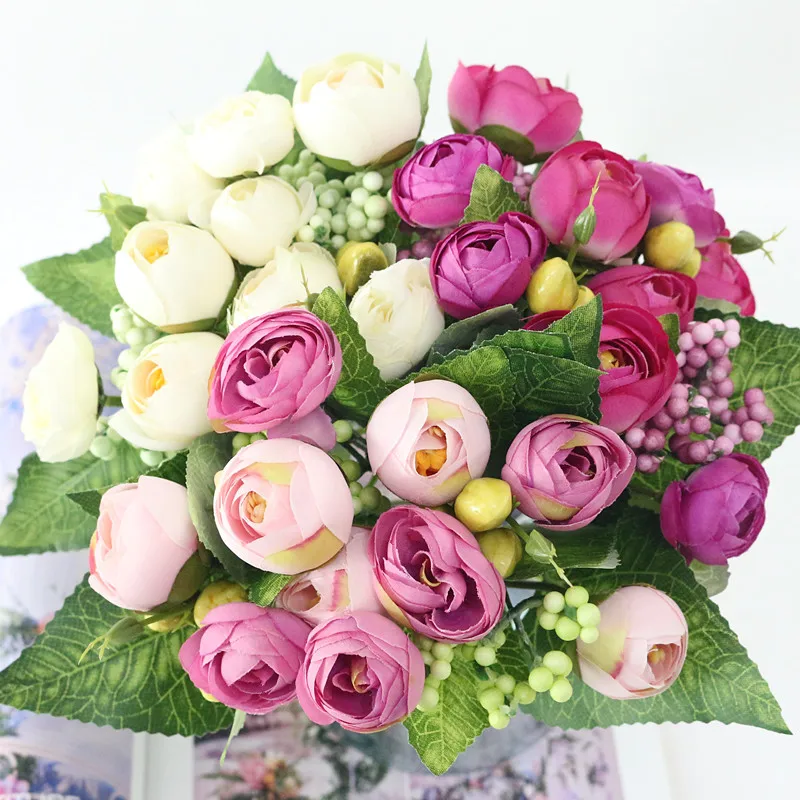 Flone 10 Head Artificial Tea Rose Flower Bouquet Silk Flower Simulation Tea Rose Fake Flower Wedding Home Party Decor Flores (6)