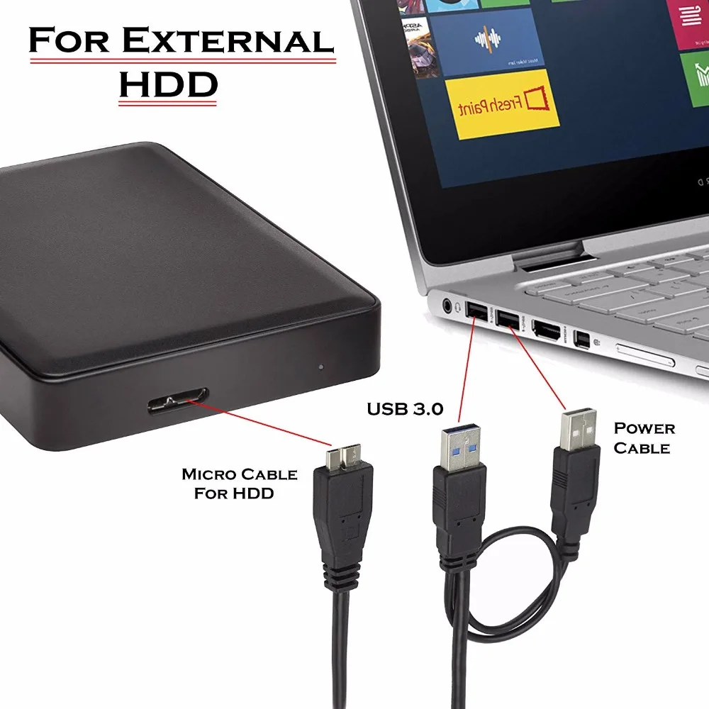 50CM USB 3.0 Dual Power Y Shape 2 X Type a to Micro B Data Transfer Cable For External Hard Drives