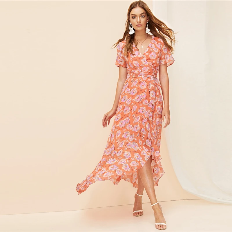 SHEIN летнее платье макси в богемном стиле с оранжевым разрезом, асимметричным подолом, поясом и цветочным принтом, женское элегантное платье трапециевидной формы с v-образным вырезом