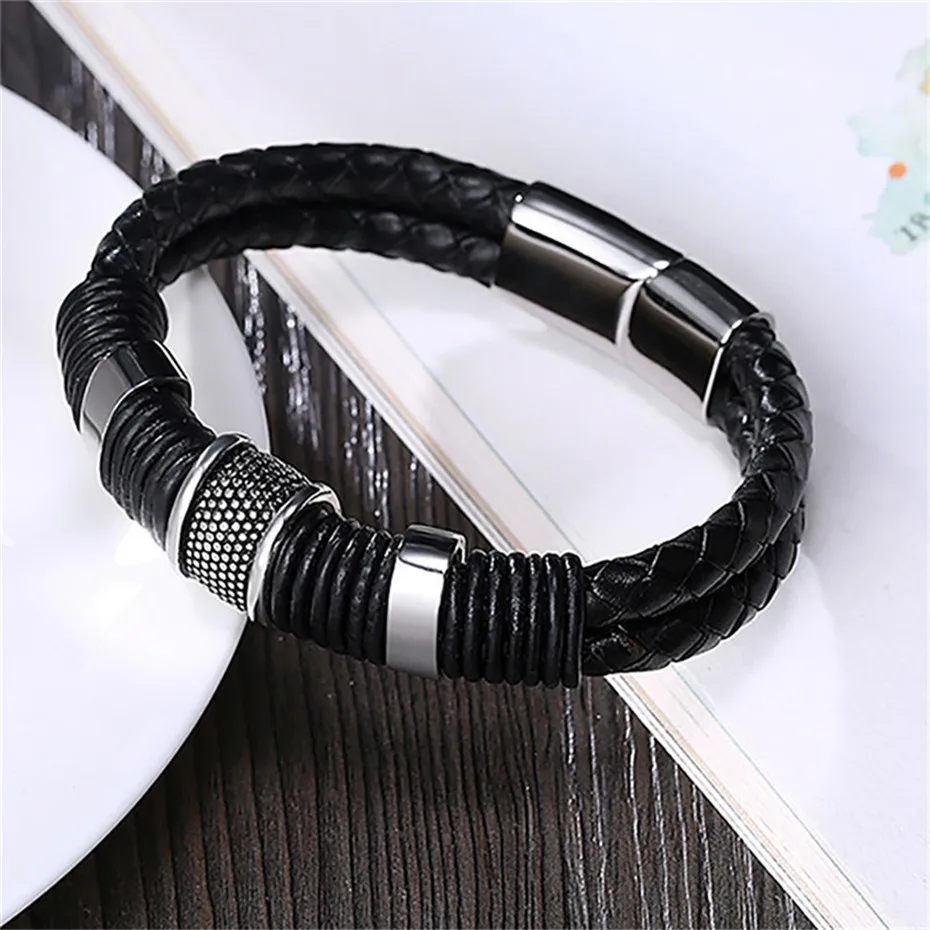 Black Simple Geometric Weaving Mens Bracelet Charms Leather Stainless Steel Boy Fashion Jewelry Father's gift  (8)