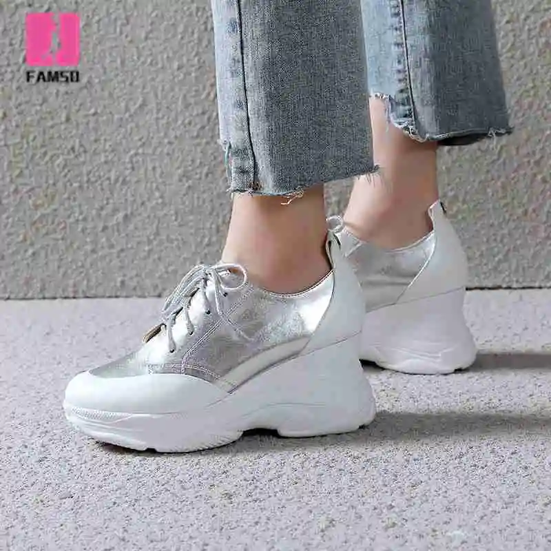 

FAMSO 2019 New Women Sneakers Lace-up Mixed Color Silver Lace-up Wedges Platforms Four Season Shoes Waterproof Dad Sneakers