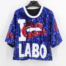 Новое поступление, женская футболка с блестками, женский хип-хоп Топ, футболка с блестками, Feminina,, шикарные топы, синий/черный/красный/серебристый