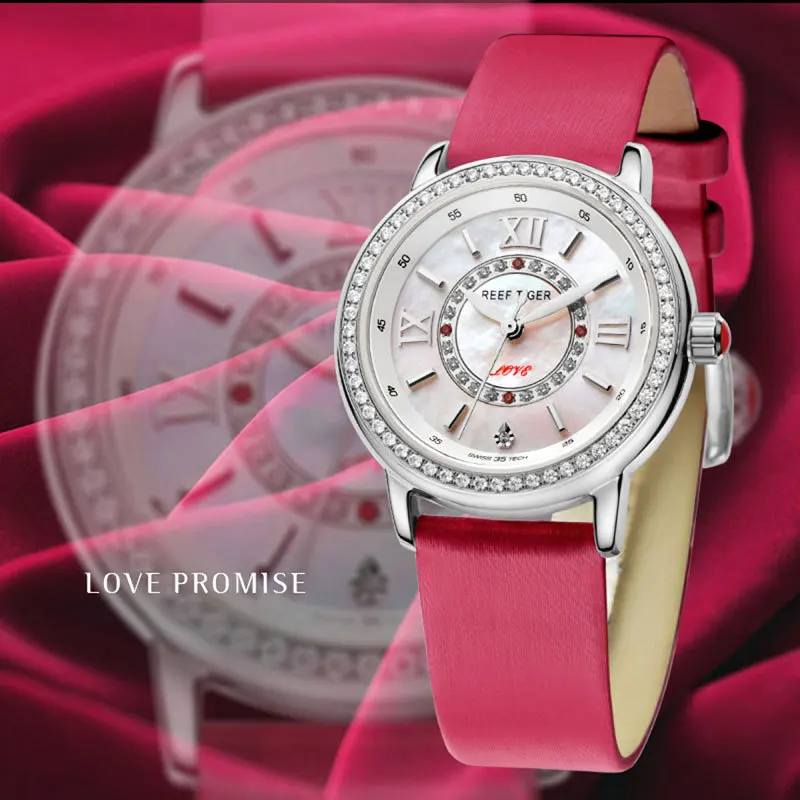 Kopen Reef Tijger RT Fashion Elegant Horloges voor Vrouwen Diamanten Bezel MOP Dial Kalfslederen Ronda 763 Quartz Horloges RGA1563
