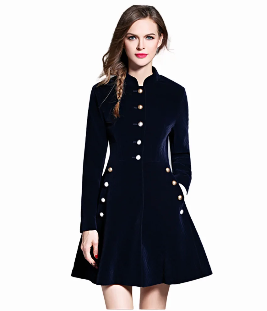 

Flying ROC winterjas vrouwen autumn long sleeve women slim casual dress stand collar A-line knee length lady blue dress