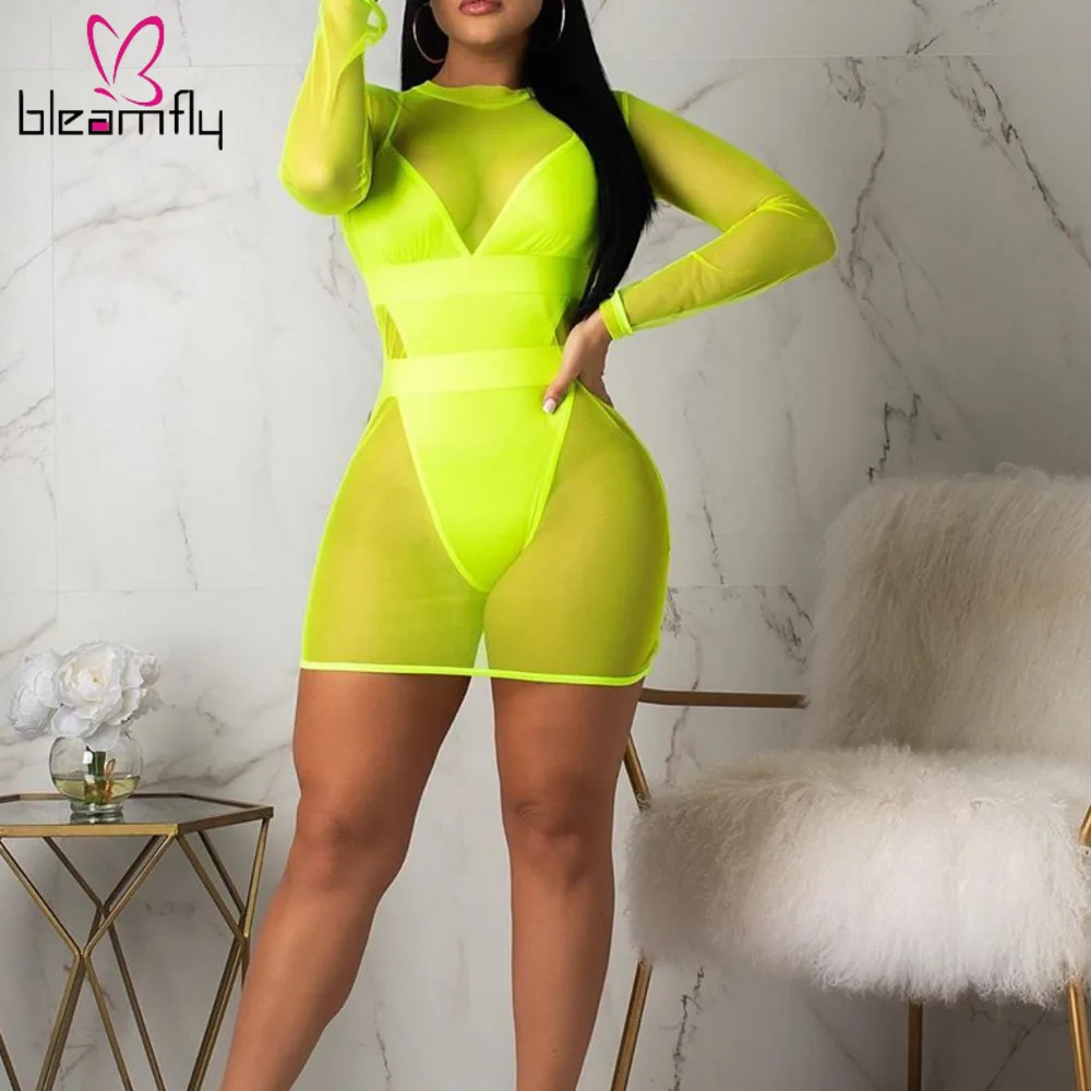 

Neon Green Orange 2 Two Piece Set Sexy Mesh Dresses Women Summer Sheer Mini Bodycon Dress Night Sexy Club Party Short Vestidos