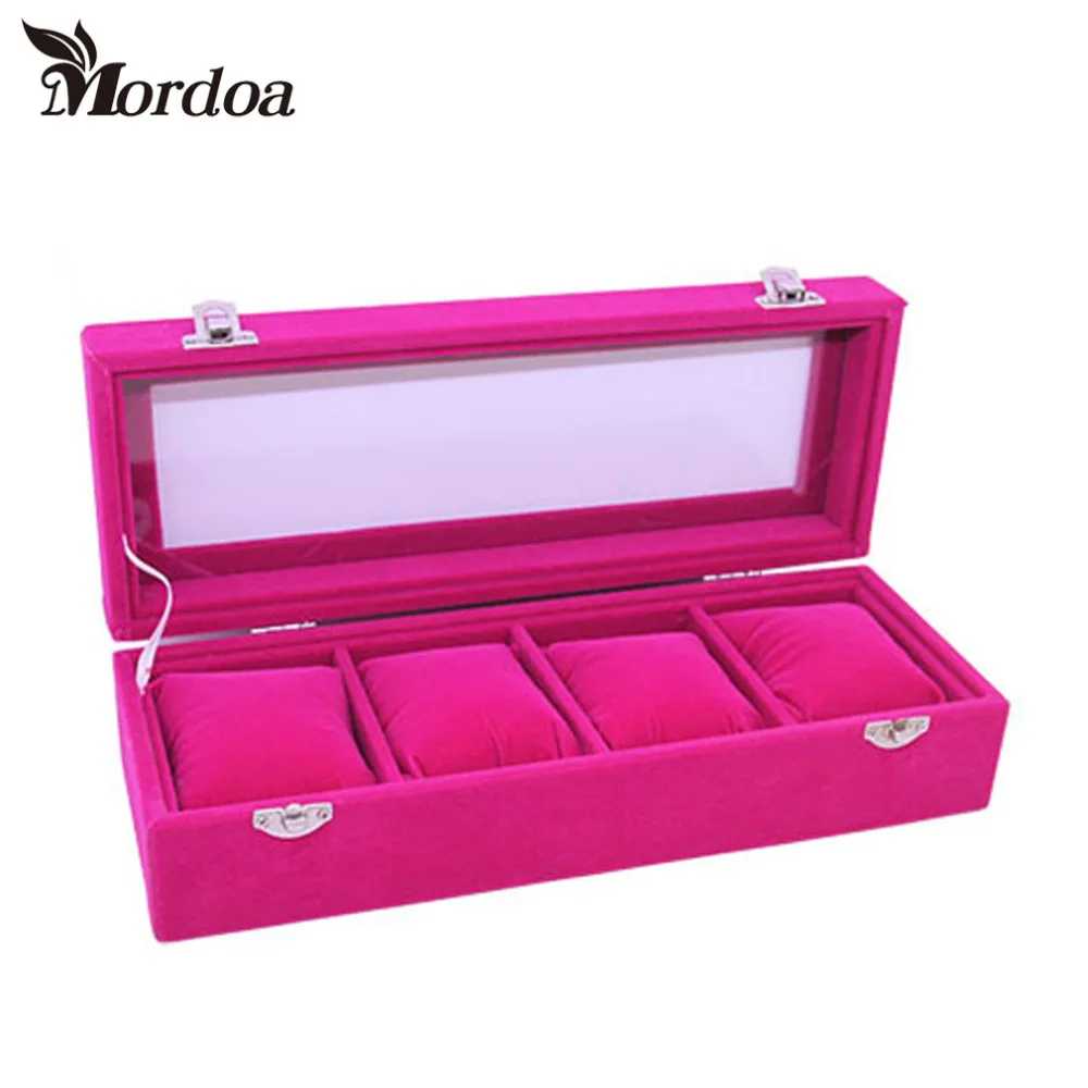 

2016 Free Shipping 4 Grid Rose Red/Grey Velvet Watch Bracelets Display Slot Case Box Jewelry Storage Organizer
