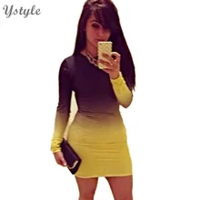New Fashion 2016 Women Elegant Sexy Gradient Black Purple Digital Printed Long Sleeve Bodycon Dress Sheath