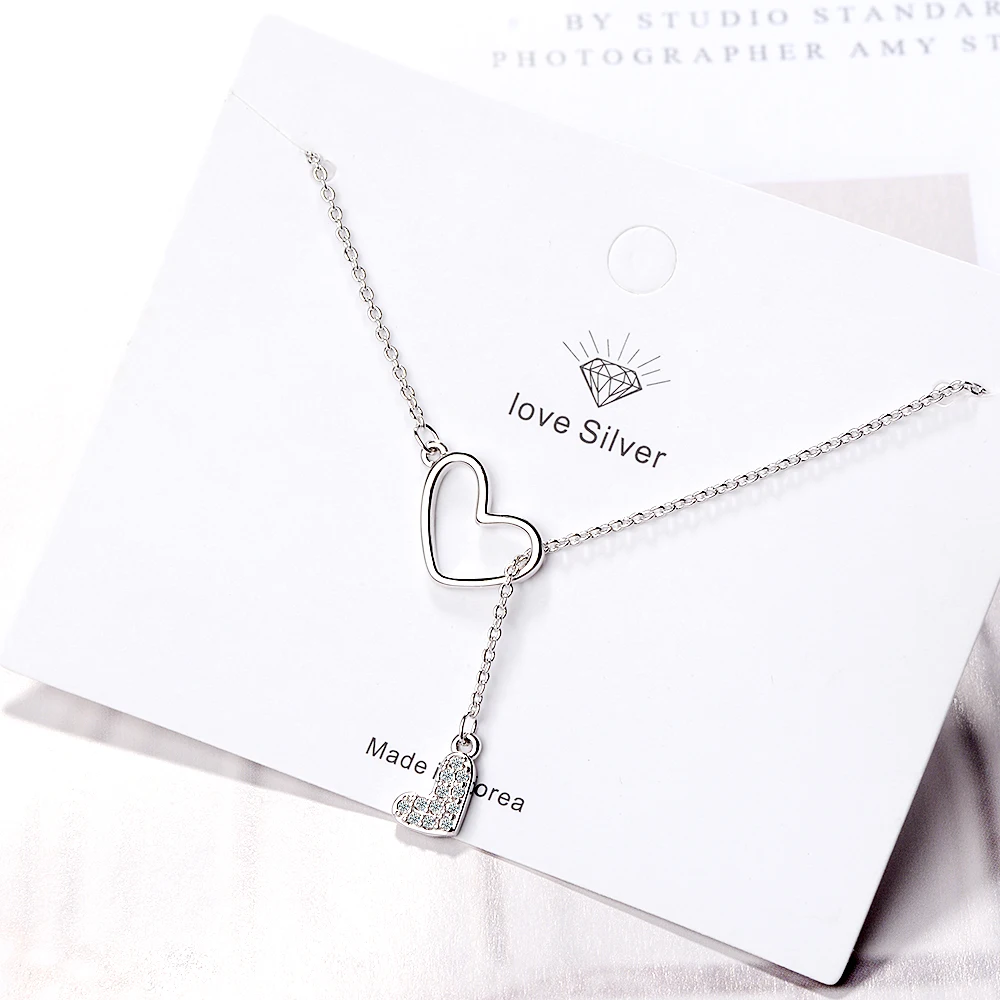 Anenjery Zircon Double Love Heart Adjustable Short Sweater Chain Necklace For Women 925 Sterling Silver Necklace S-N323