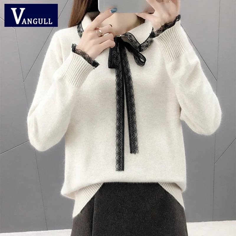 Vangull Весна Осень Новые женские вязаные свитера с кружевным бантом короткие Лоскутные пуловеры с отложным воротником свитера с длинным рукавом