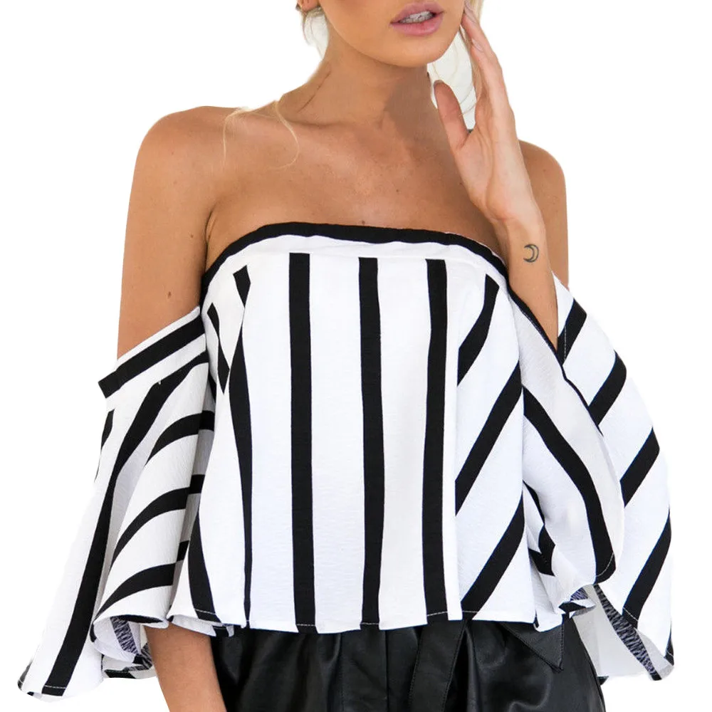 

Blouse Women Summer Women Ladies Striped Casual Off the Shoulder Short Sleeve Crop Top Shirt Blouse Blusas Mujer Dames Kleding
