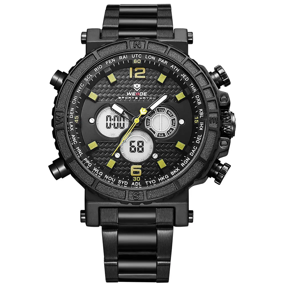 WEIDE оригинальные Роскошные брендовые часы, спортивные часы с дисплеем недели, кварцевые мужские наручные часы из нержавеющей стали, кварцевые водостойкие часы - Цвет: Цвет: желтый