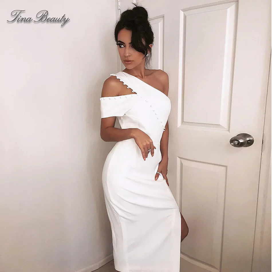 

Tina Beauty White Rayon Bandage Dress Womens One Shoulder Keyhole Button Top Midi Dress Elegance Side Slit Sheath Party Dresses