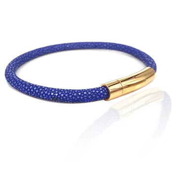 

Customize Luxury man jewelry bangle & Bracelet New Arrival Blue Stingray leather bracelet With Gold Titanium Steel Bangle Clasp