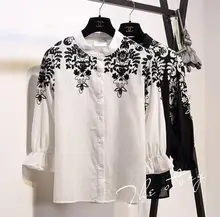 2016 new autumn flower embroidery cotton loose white shirt