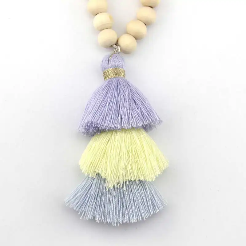 15 цветов на выбор! сандалии, деревянные бусы, длинная цепочка, 3 слоя, хлопок, ожерелья с подвесками-Кисточками для женщин, подарок, идеальный наряд - Окраска металла: Violet