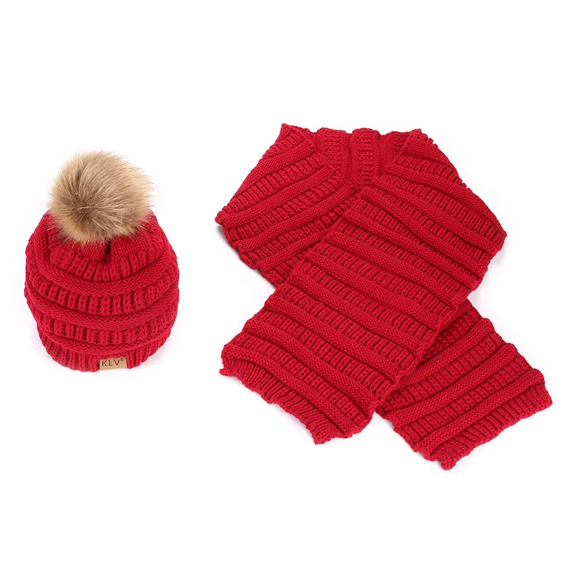 Зима девочек трикотажные хлопковые шапки шапочка теплая Для женщин Сплошной Цвет Шапки помпоном енот меховой шарф с изображением черепов