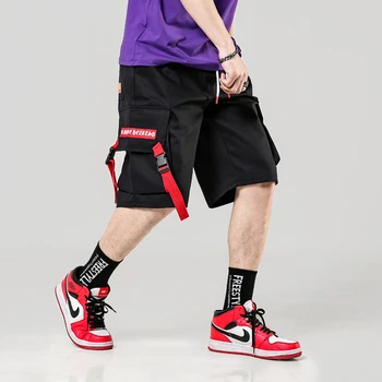 

Streetwear Summer Cargo Shorts Men Ribbons Pockets Casual Mens Shorts Knee Length Short Pants Men Bermudas Masculina