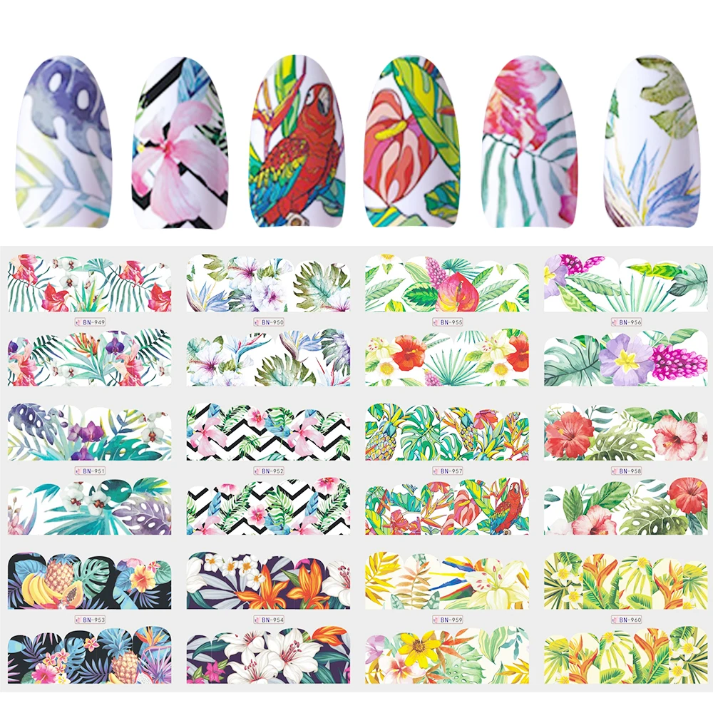 

12 Designs Slider Nail Sticker Water Decal Transfer Tattoo Tropical Jungle Animal Flower Adhesive Manicure Decor Tip JIBN949-960