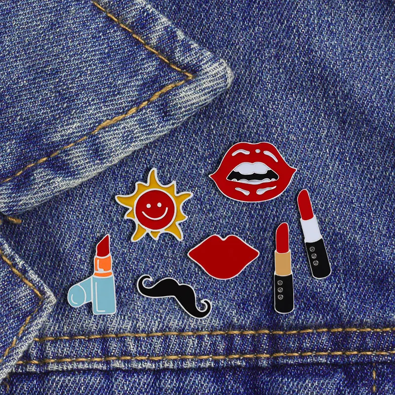 

Cartoon Brooches for Women Sun Metal Badge Mustache Lipstick Lips Jewelry Jackets Clothes Bag Lapel Pins Surprise Gift for Girls