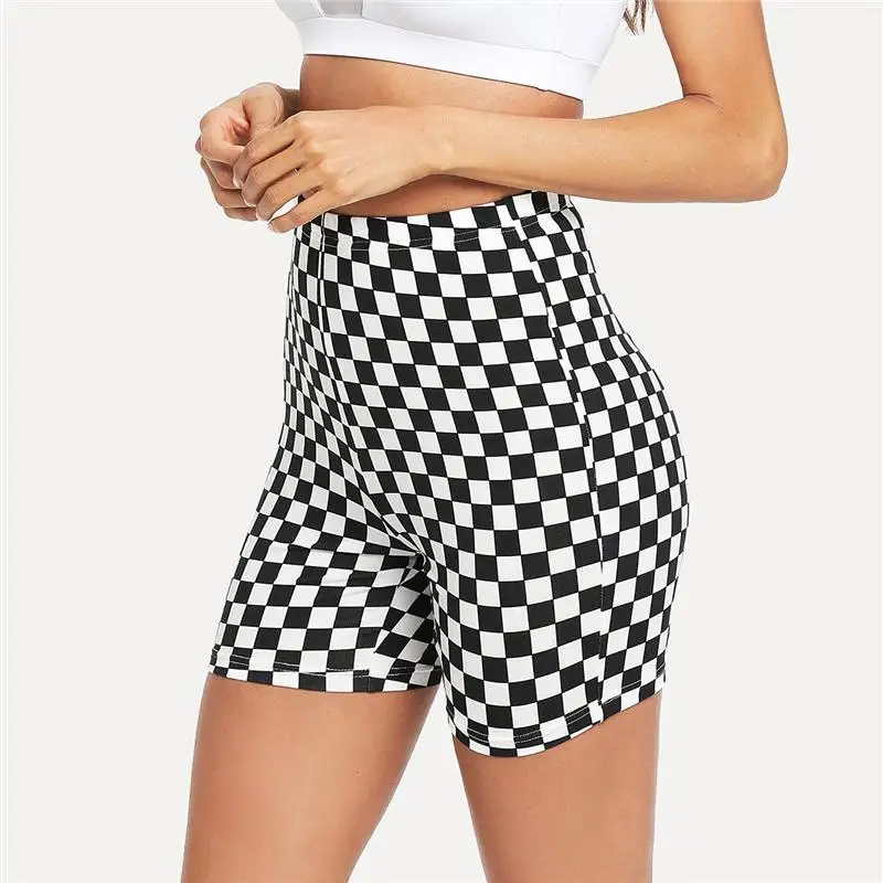 Plus Size Sexy Yoga Shorts Checkerboard Printed Fitness Shorts Black White Women Sport Shorts High Waist Workout Shorts Fashion