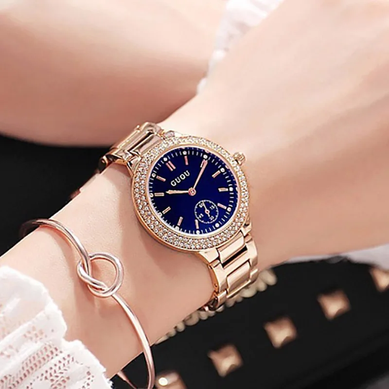 

GUOU Brand Luxury Women Watches Rose Gold Stainless Steel Band Watch Blue Fight Dial Waterproof 30m Ladies Business Smart Watch