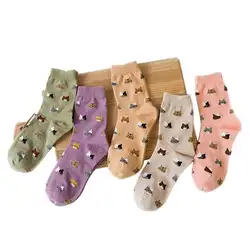 5 пар Хлопковых Носков средней длины женские дышащие милые Носки с рисунком кота повседневные мягкие теплые носки на осень и зиму