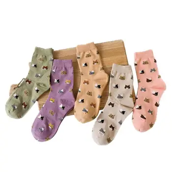 

5Pair Cotton Mid Tube Socks Women' Breathable Cute Cat Printing Pattern Sock Casual Autumn Winter Soft Warm