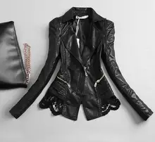 2018 Spring and autumn new lace motorcycle PU leather women short Slim leather jacket