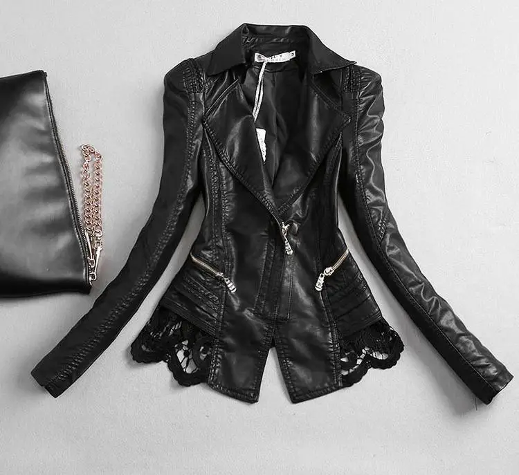

2018 Spring and autumn new lace motorcycle PU leather women short Slim leather jacket