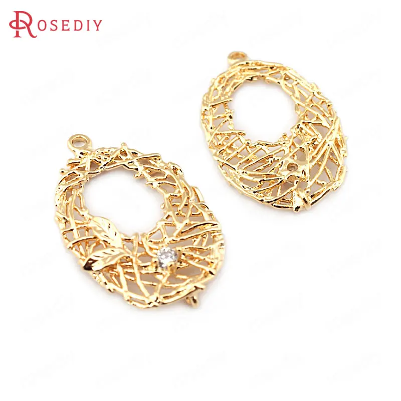

(33684)6PCS 28*17MM 24K Gold Color Brass with Zircon Oval Vine Charms Pendants High Quality Diy Jewelry Findings Accessories