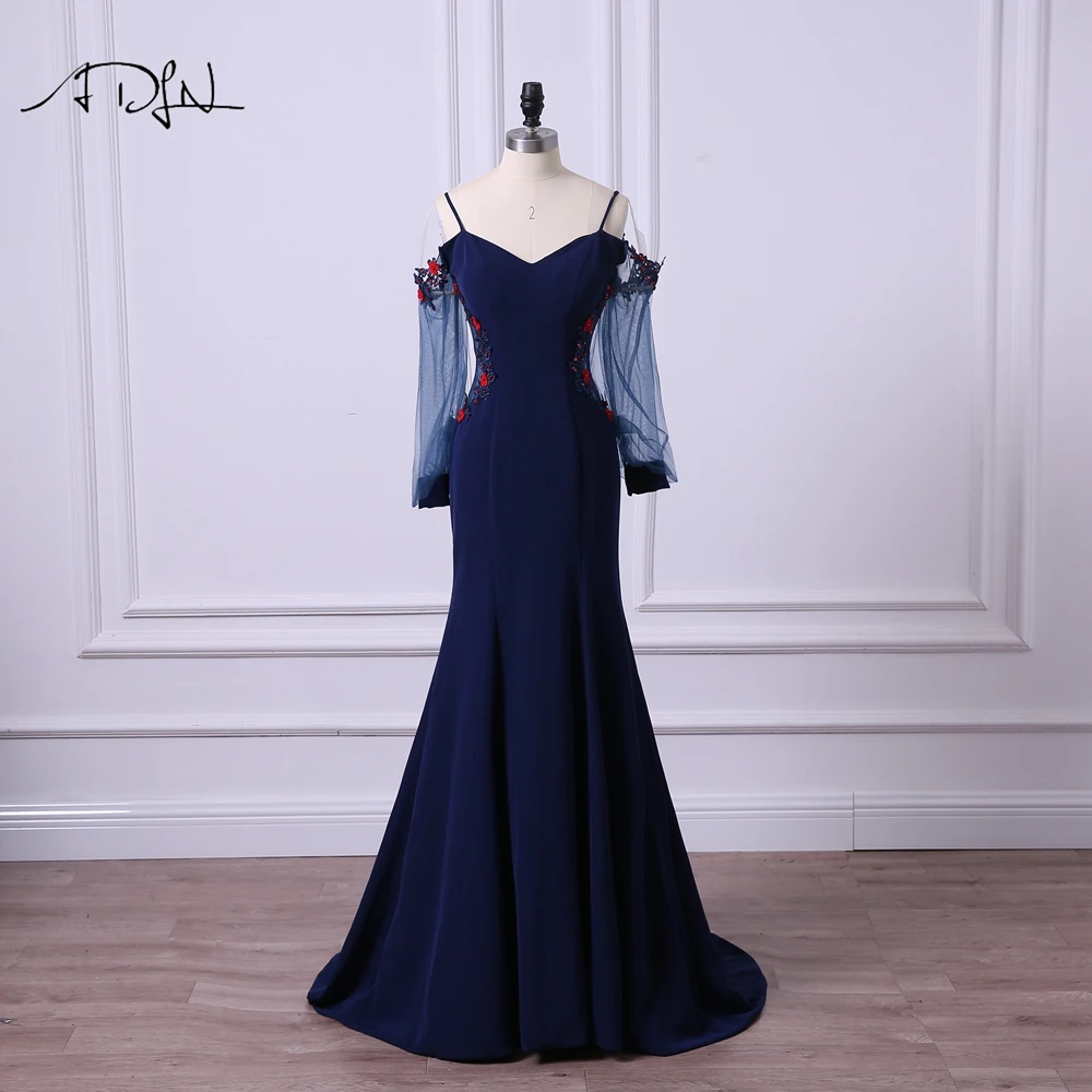 ADLN Sexy Illusion Bodice Evening Dress Mermaid Navy Blue Low Back Long Sleeve Prom Party Gown Robe de Mariee