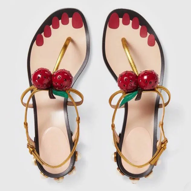 

Cute Cherry Woman Gladiator Sandals 2019 New Luxury Brand Open Toe Peals Bead Heel Summer Flat Shoes Cartoon Sweet Lady Sandals