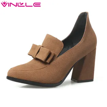 

VINLLE 2020 Spring Women Pumps Flock Classic Slip On Platform Butterfly-Knot Square High Heel Ladies Wedding Shoes Size 34-43