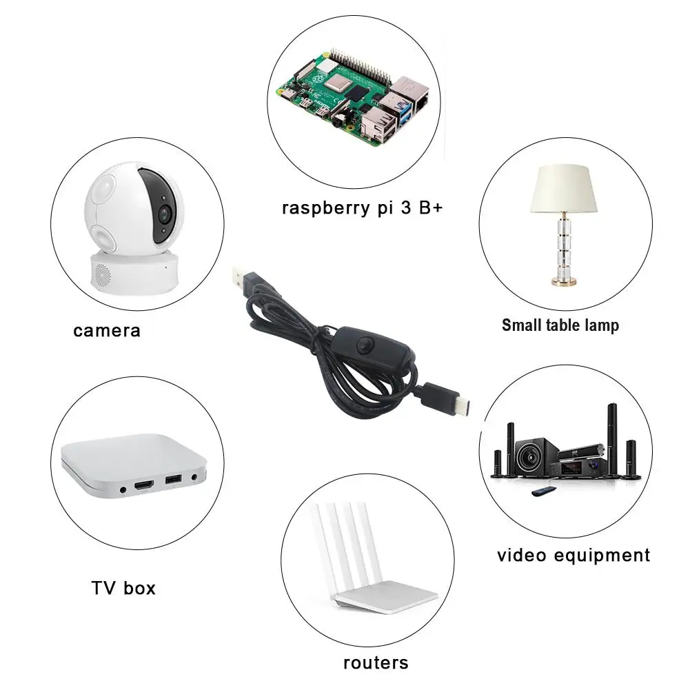 Power Adapter Cable 5V 3A USB to Type-C Power Supply Cord with ON Off Button for Raspberry Pi 4