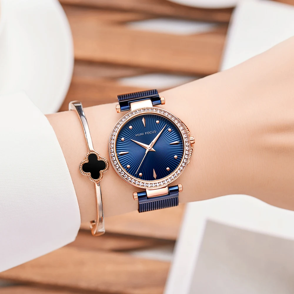 MINI FOCUS Women's Quartz Watches 3 Bar Waterproof Wrist Watch for Woman Lady Relogios Femininos Clock Blue Mesh Band MF0194L.01